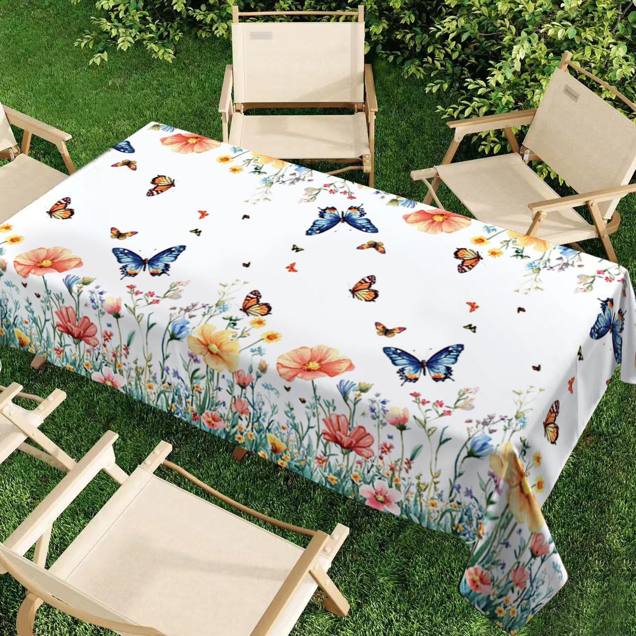 Rectangular Tablecloth Spring Summer Watercolor Flower Butterfly Pattern, Kitchen Decor, Wedding Party Garden Outdoor Picnic Cloth