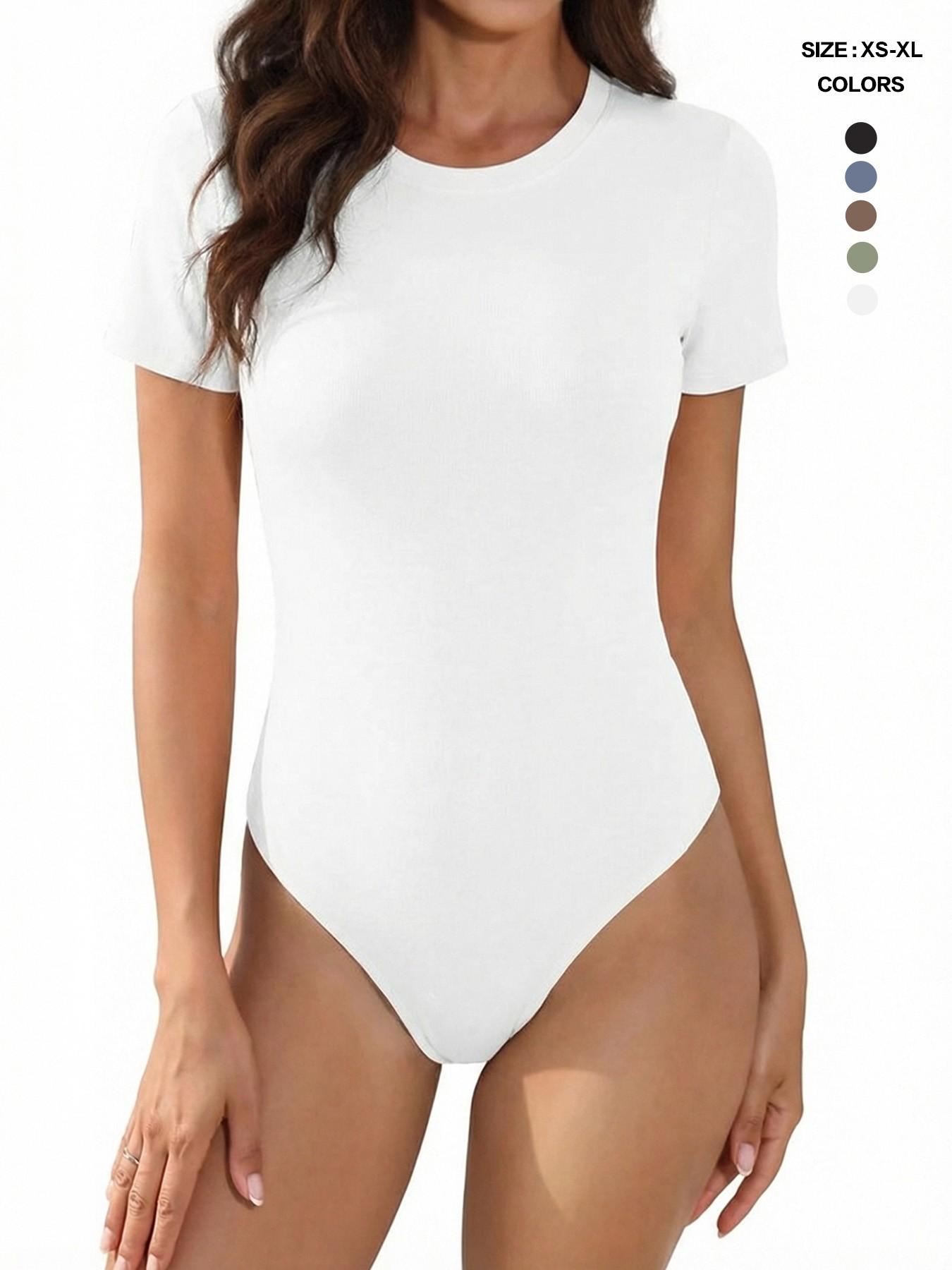 Body Suits for Womens Short Sleeve Round Neck Casual Stretchy Basic T Shirt Bodysuit Tops Underwear