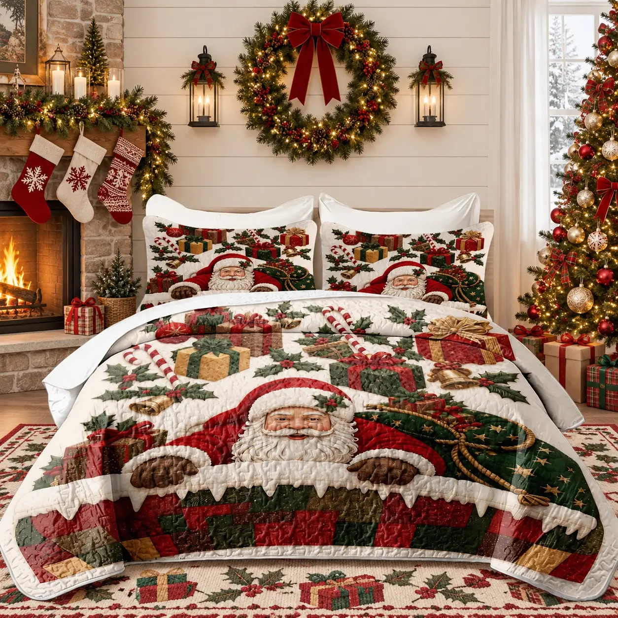 3-Piece Santa Claus Pattern Bedspread Set (1 Bedspread + 2 Pillow Shams, inserts not included) – Quilted Christmas Bedding; suitable for Single, Double, Queen, and King size beds.