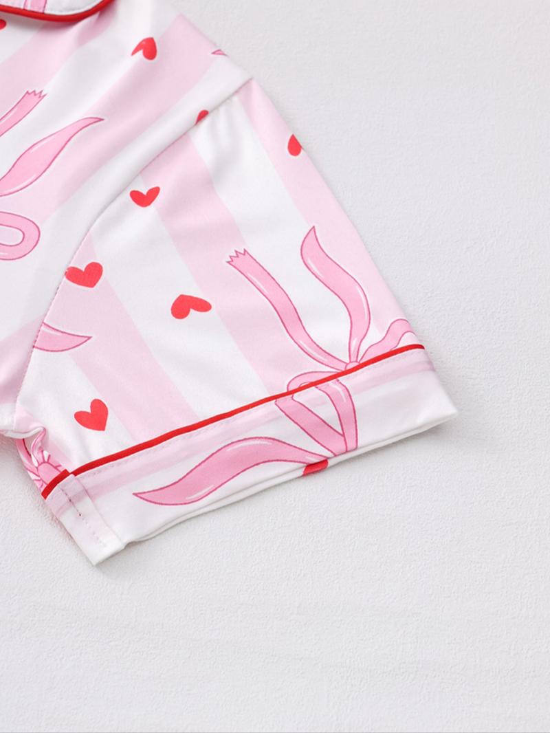 Valentine's Day Bowknot Heart Print Pajama Set, Soft Silk Striped Butterfly Knot Short Sleeve Sleepwear, Women's Comfortable Nightwear