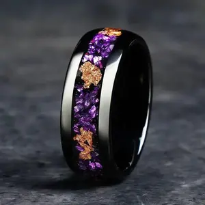 Fashion Couple Stainless Steel Ring, Unique Black Band with Purple Gold Foil Inlay, Personalized Minimalist Matching Ring, Daily Jewelry Gift for Lovers