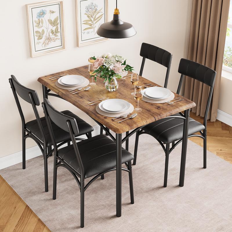 Dining Table Set for 4, Kitchen Table and Chairs, Metal and Wood Rectangular Dining Room Table Set with 4 Upholstered Chairs, 5 Piece Dining Set for Small Space, Apartment, Rustic Brown,Black,Grey Furniture Modern Home Dining Table Set for 4, Kitchen Table and Chairs, Metal and Wood Rectangular Dining Room Table Set with 4 Upholstered Chairs, 5 Piece Dining Set for Small Space, Apartment, Rustic Brown,Black,Grey Furniture Modern Home