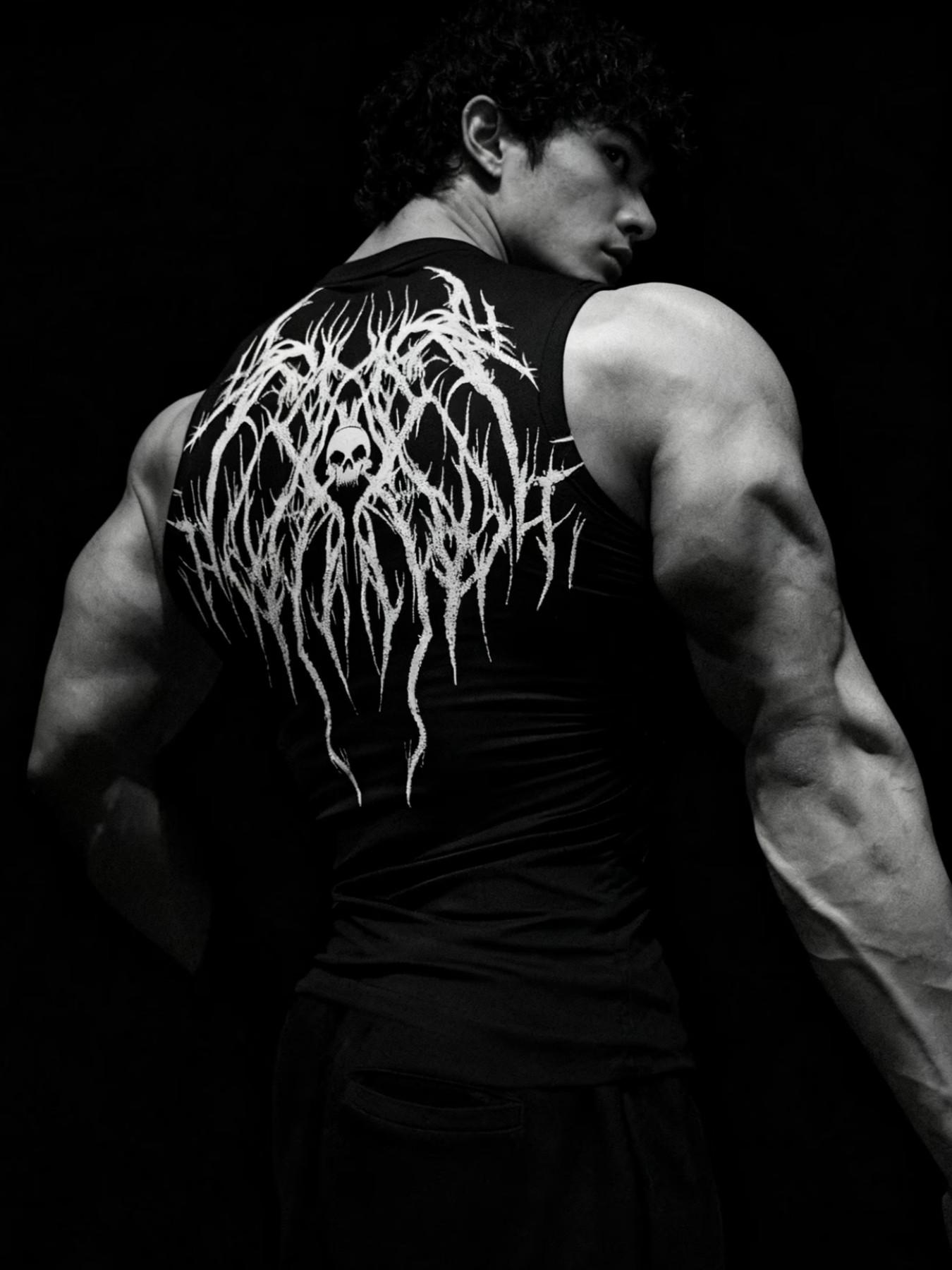 Dark Personality Print Tight Fit Sleeveless T-Shirt, Quick-Dry Elastic Gym Training Top, European Style Muscle Show Sport Vest