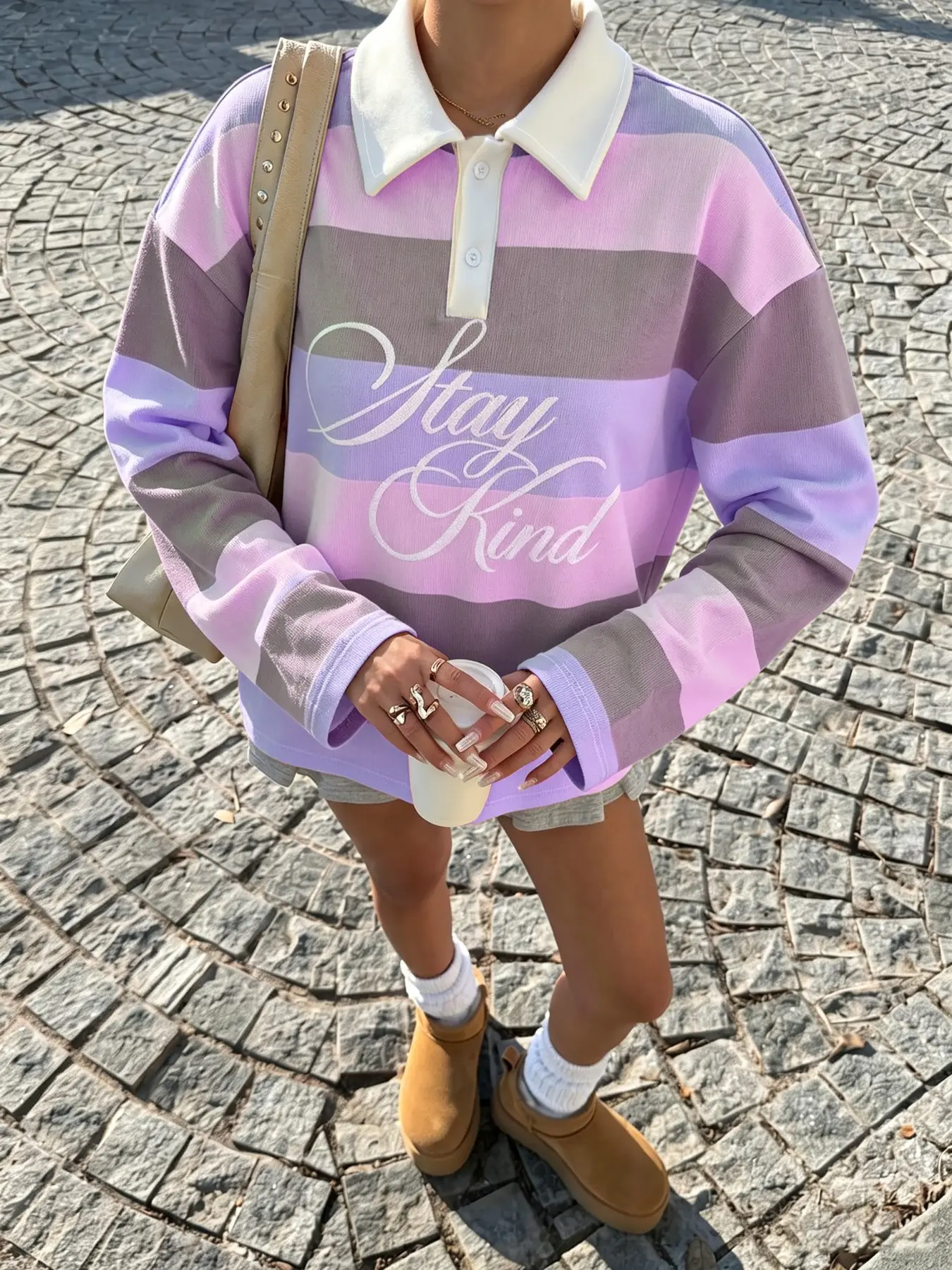 Women's Autumn Winter Striped Polo Shirt, Long Sleeve Loose-Fit Top, Sporty Style for Daily Wear, Casual Streetwear, Retro and Trendy