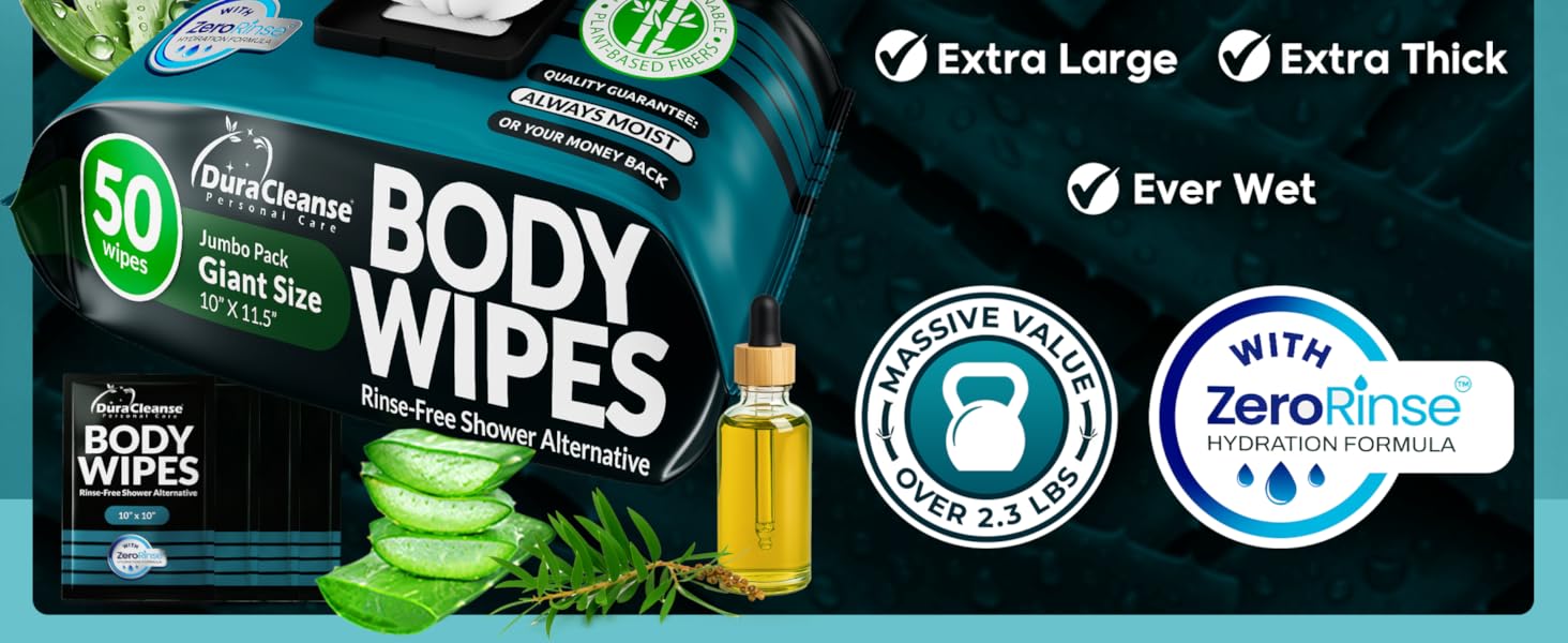 XL Body Wipes for Men - 50 No Rinse Shower Sheets + 4 Travel Bath Sachets - 10 x 11.5" After Gym Mens Deodorant Wipes - Adult Disposable Washcloths, Face Towels for Camping & Gear
