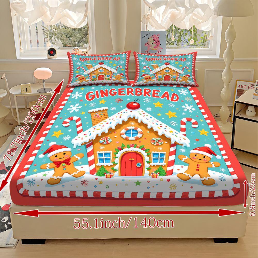 Fitted Sheet 3-Piece Set 2D Flat Gingerbread Man Pattern Mattress Cover (1 fitted sheet + 2 pillowcases, no insert), stylish, soft, and comfortable sheets, skin-friendly and breathable bedding, suitable for family bedrooms and guest rooms, all year round.