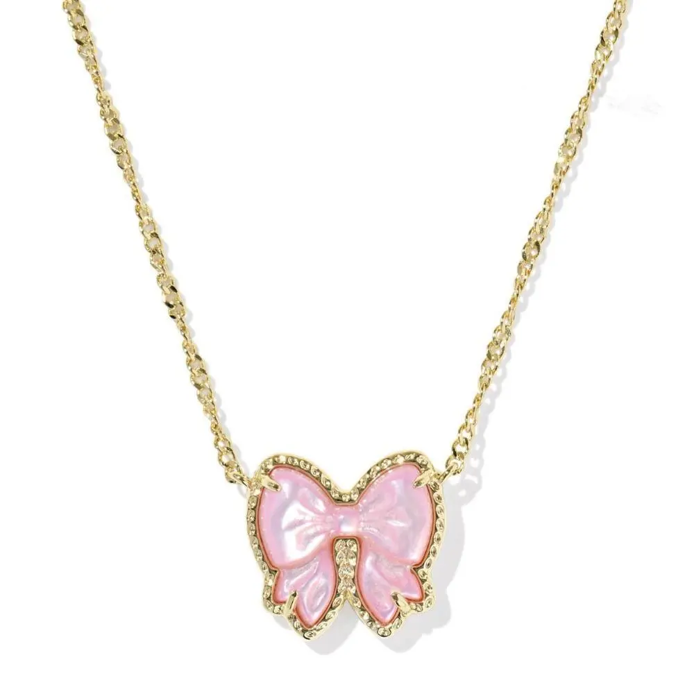 Coquette Bow Knot Pendant Necklace Cute Ribbon Bow Charm Chain Necklace Elegant Pink Mother of Pearl Bow Necklace Delicate Aesthetic Jewelry Gift for Women