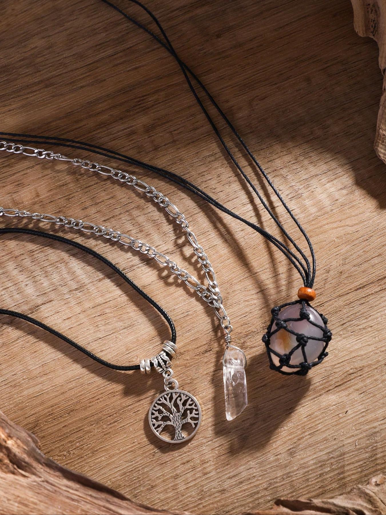 Women's Boho Style Vintage Style Artificial Crystal Decor Pendant Necklace, 3pcs Exquisite Trendy Pendant Necklace, Fashionable Jewelry for Women As Gift Without Box, Boho Chic Crystal