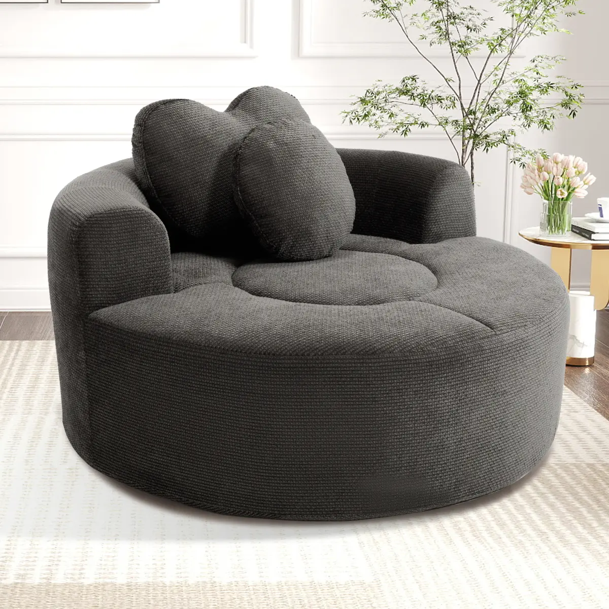 Round Sofa Bed with Memory Foam Sectional Couches for Living Room, Cloud Couch with two pillows, Black+gray