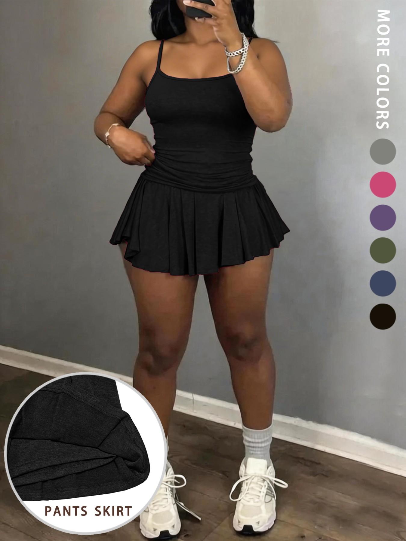 Fashion Sporty Halter Top Women's Set, Integrated Anti-Slip Design Running Sports Short Skirt Two-Piece, Casual Style