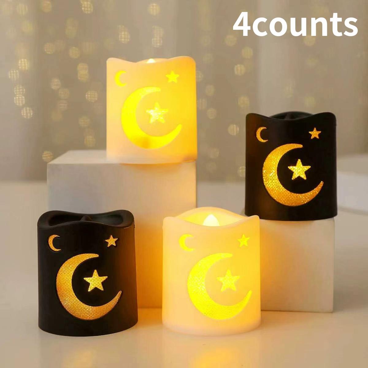 4 Counts Ramadan LED Electronic Candles, Star and Moon Pattern Decorative Lights, Perfect for Ramadan Festival Atmosphere, Decoration Party Light, Home Decor Light