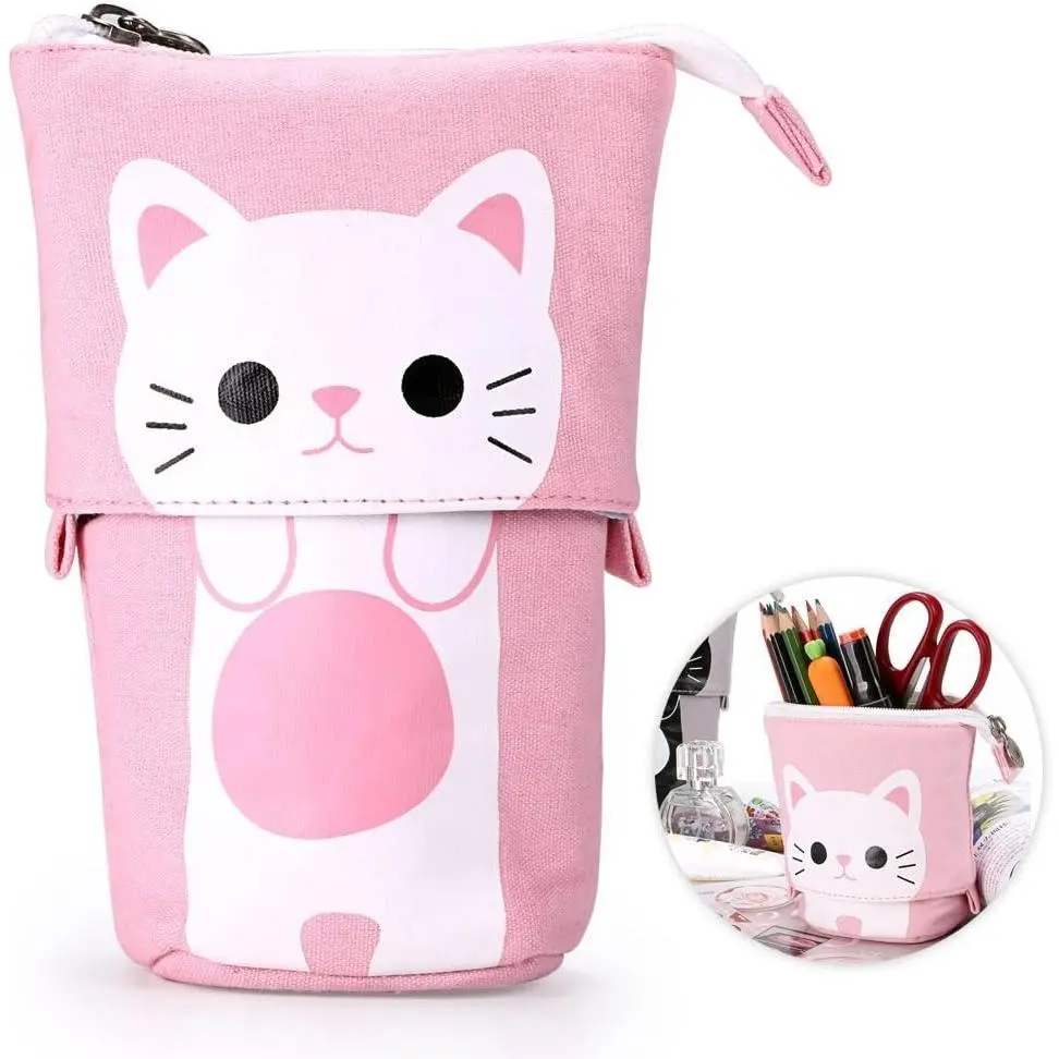 Telescopic Pencil Pouch Standing Pen Holder Cute Pencil Bags Stand Up Pen Case Cartoon Pencil/Pens Storage Box Canvas+PU Stationery Organizer Makeup Bag with Zipper Closure ()