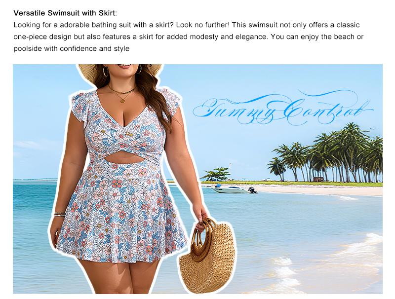 B2prity Women's Plus Size Swimsuit Tummy Control One Piece Swimdress Ruffle V Neck Cutout Wrap Bathing Suit with Skirt