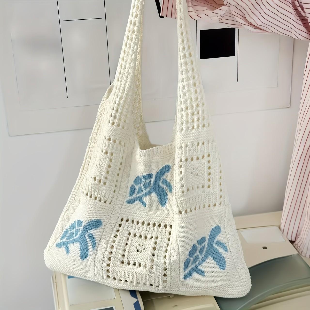 Boho Turtle Pattern Beach Woven Bag, Large Capacity Storage for Sunscreen, Sunglasses, Small Towels, Perfect for Sea Trips