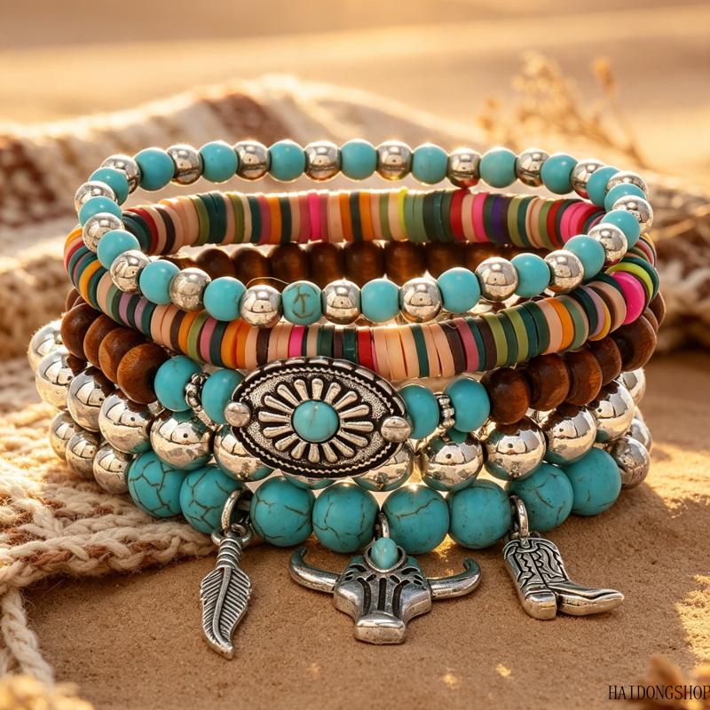 Viral Western Cowgirl Aesthetic Turquoise Bull Head Hat Layered Stretch Beaded Bracelet Set, Multi-Piece Stackable Country Boho Wrist Jewelry, Trendy Accessory For Daily Wear Country Music Festival Outfit Styling fashion anniversary religious faith