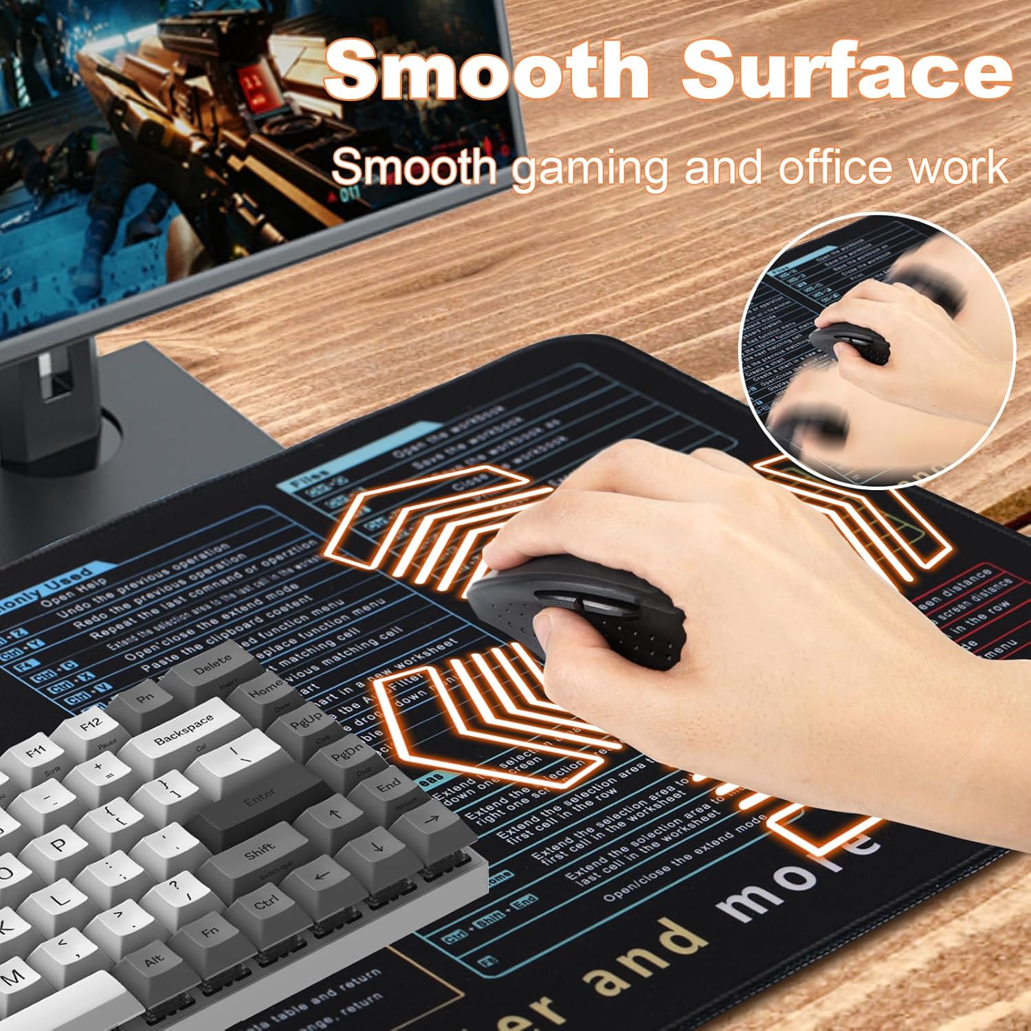 Large XL Excel Cheat Sheet Desk Pad and Mat (31.5" x 11.8"), Non-Slip Stitched Edge Excel Gaming  Pad for Desk,  Excel Shortcuts Mousepad  for Office Work