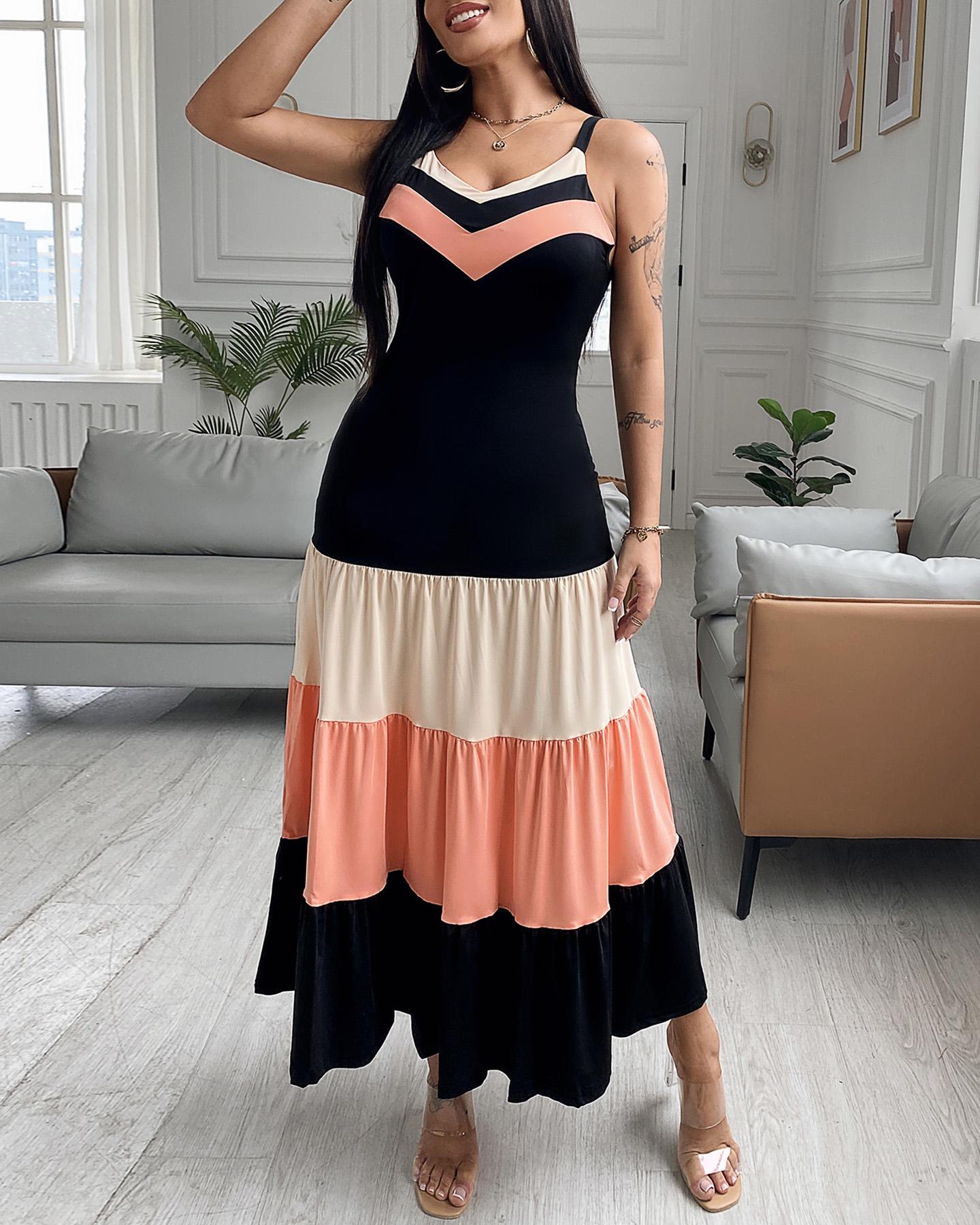 ChicMe Women's Spaghetti Strap Colorblock Maxi Dress - Ruched Ruffles Smock Sleeveless | Wedding Guest Dress, Formal Occasion, Evening Gown, Cocktail Party