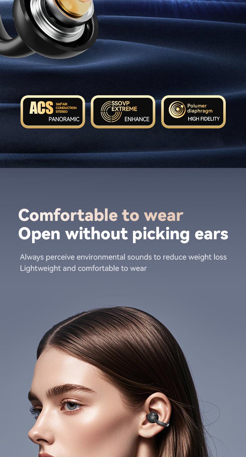 Clip On Ear Earbuds With Audio-Visual Future Touch Screen, Audio Wireless Headphones for Music & Phone Calls,Sport Waterproof & Sweatproof