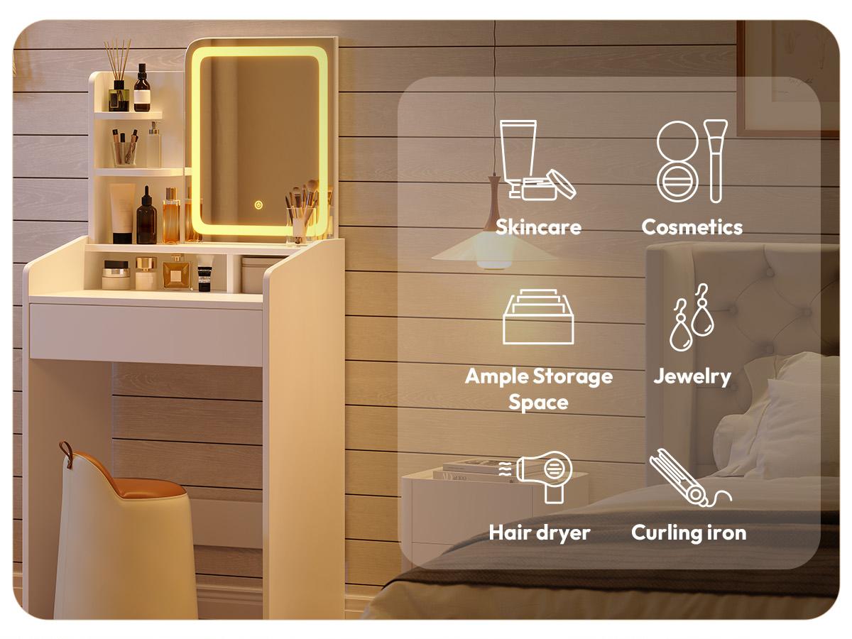 Dowinx Small Vanity Desk with Mirror and Lights, Makeup Vanity with Drawer & Storage Shelves, Makeup Desk with 3 Lighting Modes & Adjustable Brightness, Dressing Table for Women Girls Bedroom