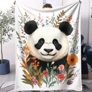 Boho Watercolor Panda Wildflower Flannel Blanket, Aesthetic Floral Animal Print Throw Blanket, Ultra Soft Cozy Warm Blanket, Stylish Gift Blanket for Panda Lovers, Couch, Bed & Home Decor