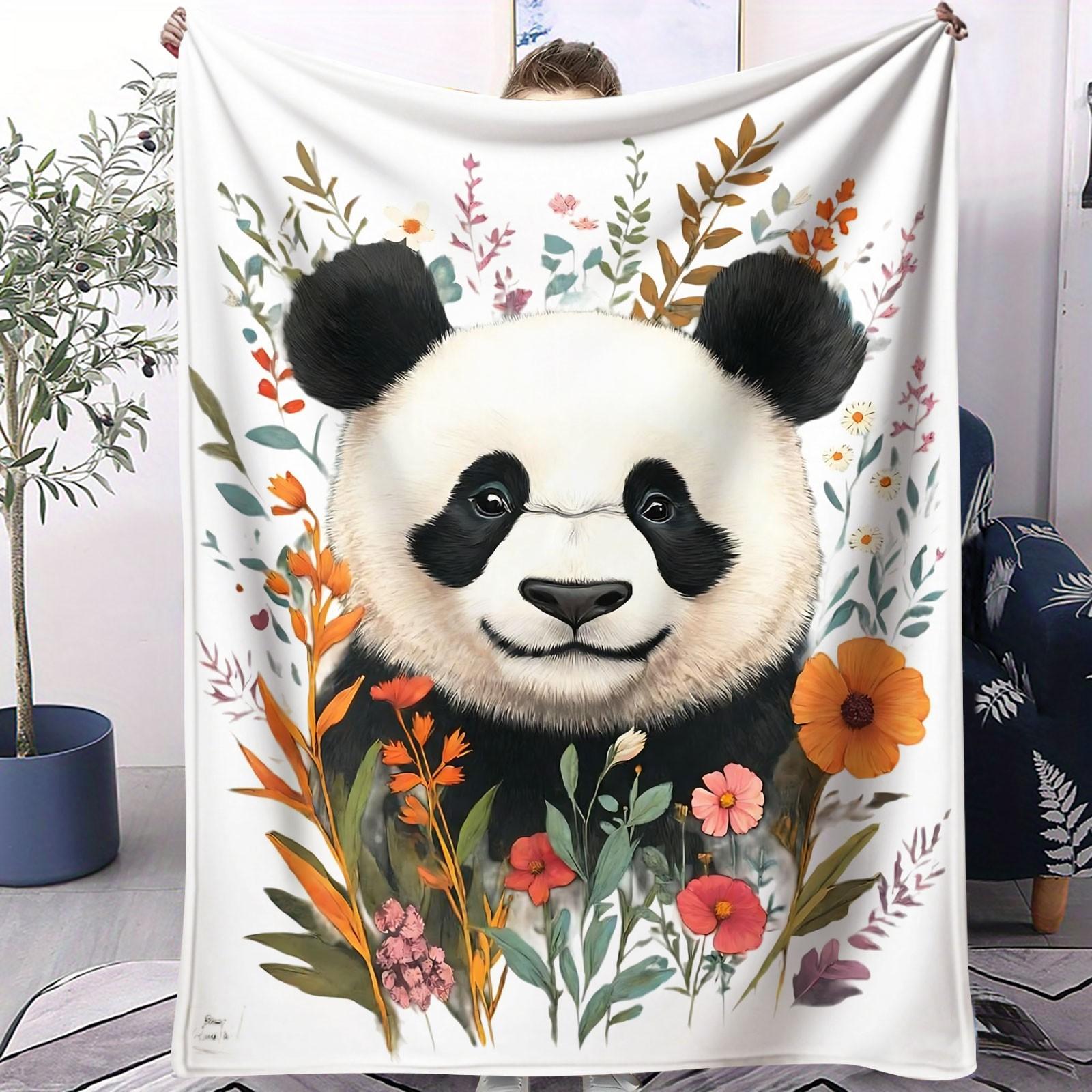 Boho Watercolor Panda Wildflower Flannel Blanket, Aesthetic Floral Animal Print Throw Blanket, Ultra Soft Cozy Warm Blanket, Stylish Gift Blanket for Panda Lovers, Couch, Bed & Home Decor