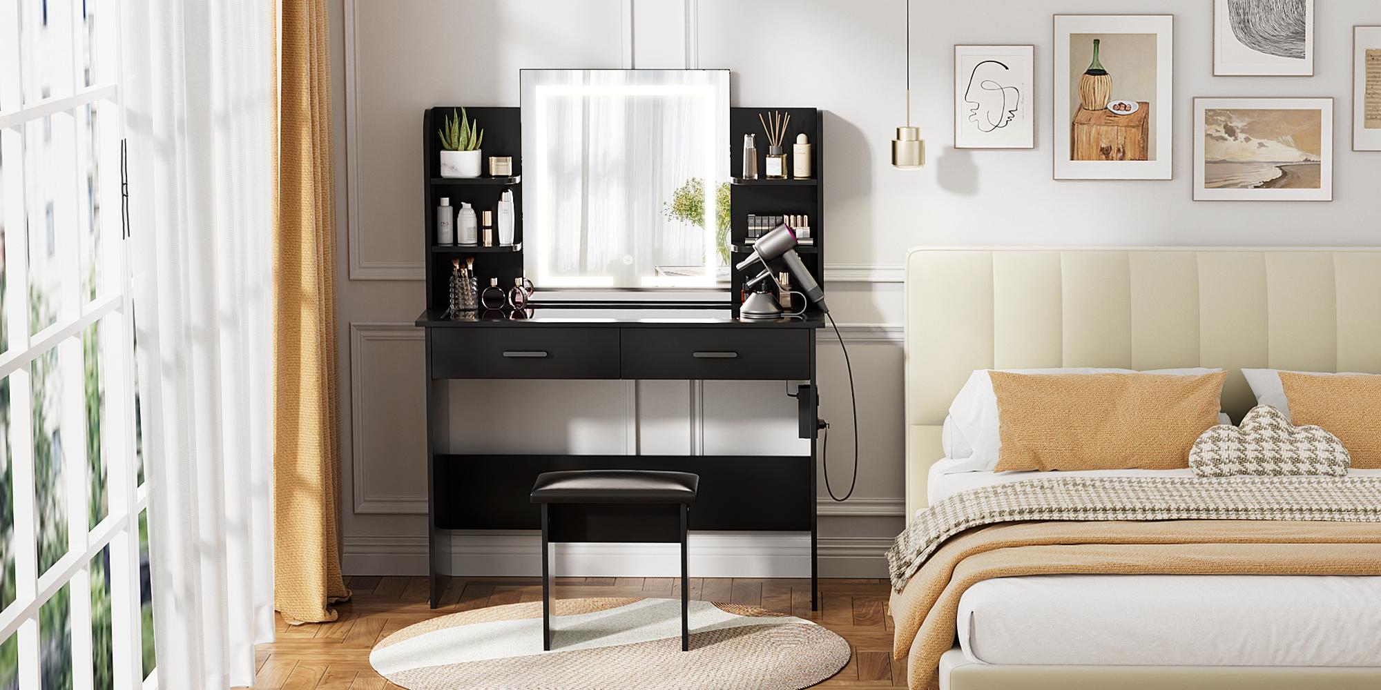 VOWNER Modern Makeup Vanity Desk with Lighted Mirror,2 Drawers,6 Storage Shelves and Cushioned Stool