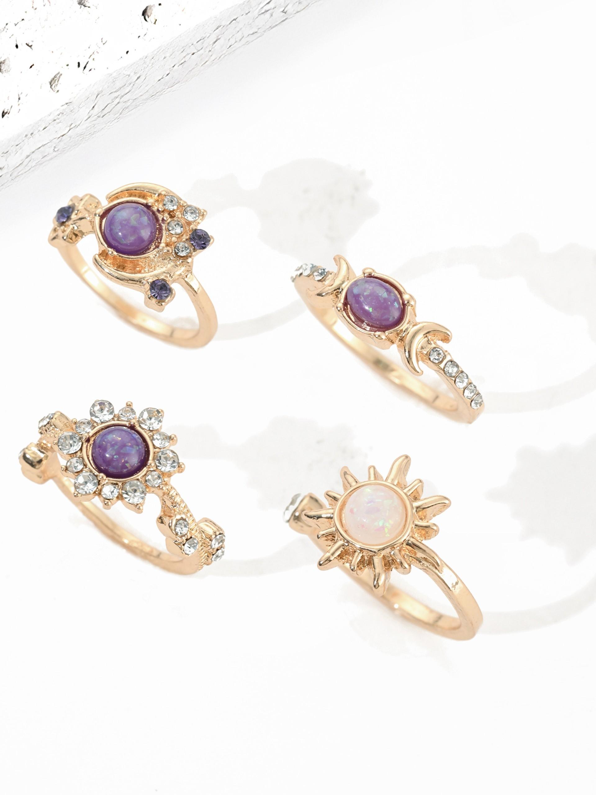 Fashionable Gemstone Ring Set, Sun Moon Diamond Accent Luxury Geometric Rings, High-End Style Jewelry for Women