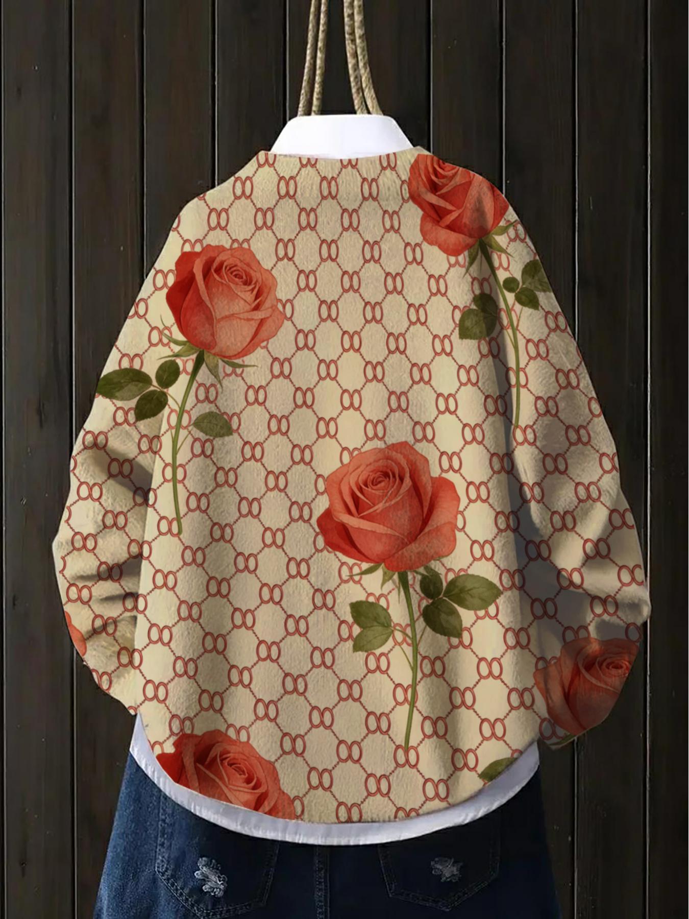 Women's Geometric Floral Print Stand Collar Sweater, Casual Long Sleeve Knitwear for Fall Winter, Comfortable Warm Daily Wear