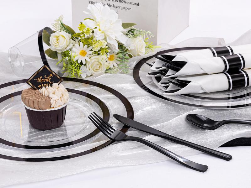 Gold/Silver/Green/Red/Black/Blue/RoseDisposable Plates and Silverware Set: Dinner Plates,Dessert Plates, Cups,Napkins,Knife, forks, spoons-Perfect for Party