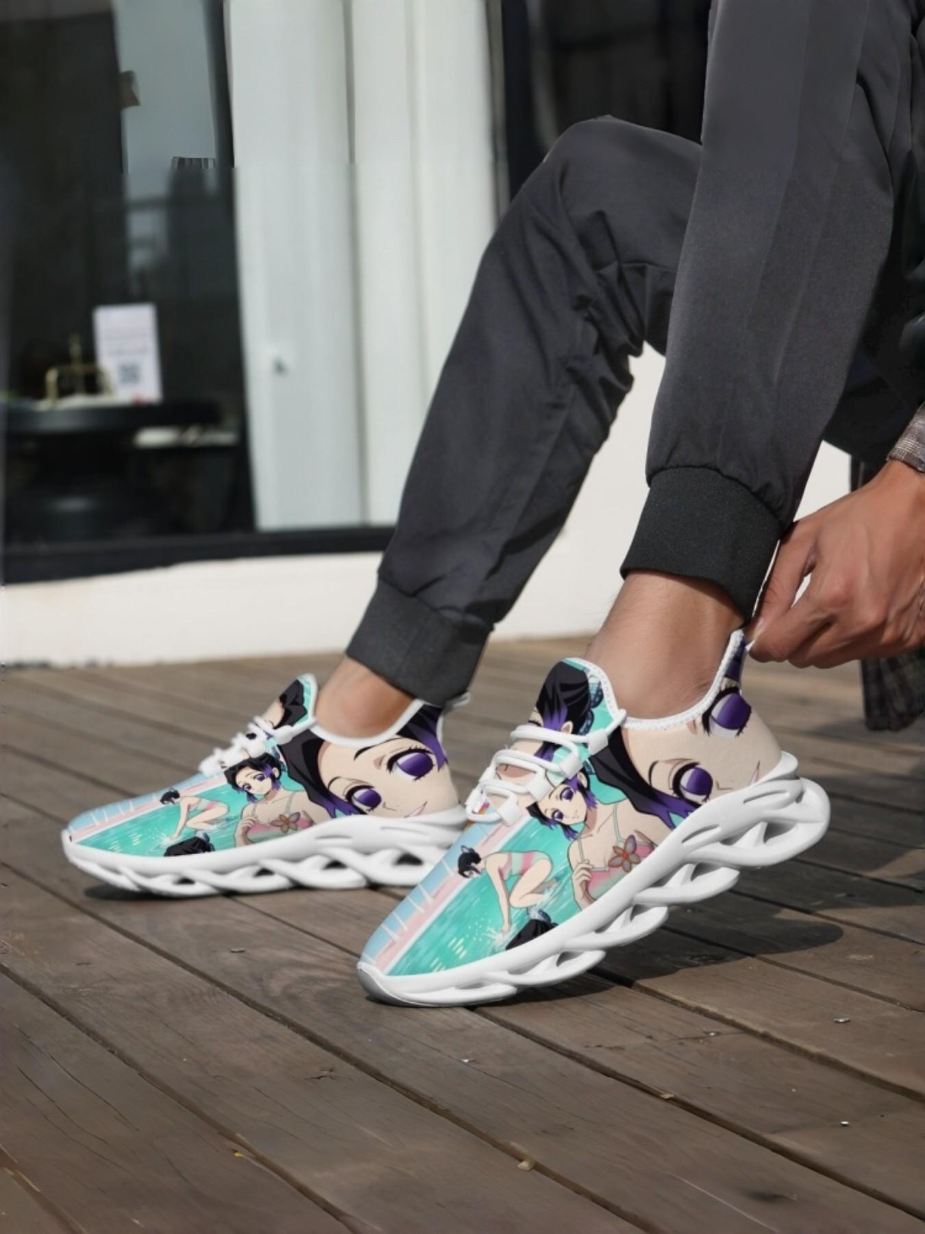 Unisex Anime Style All-Over Print Sneakers, Breathable Mesh, High Elastic Shock Absorption, Anti-Slip Eva Sole, Casual Outdoor Shoes