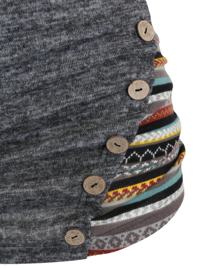 Women's Patchwork Striped Print Fake Buttons Hooded Bodycon Dress, Casual Long Sleeve Short Dress for Fall & Winter, Women's Clothes for Daily Wear