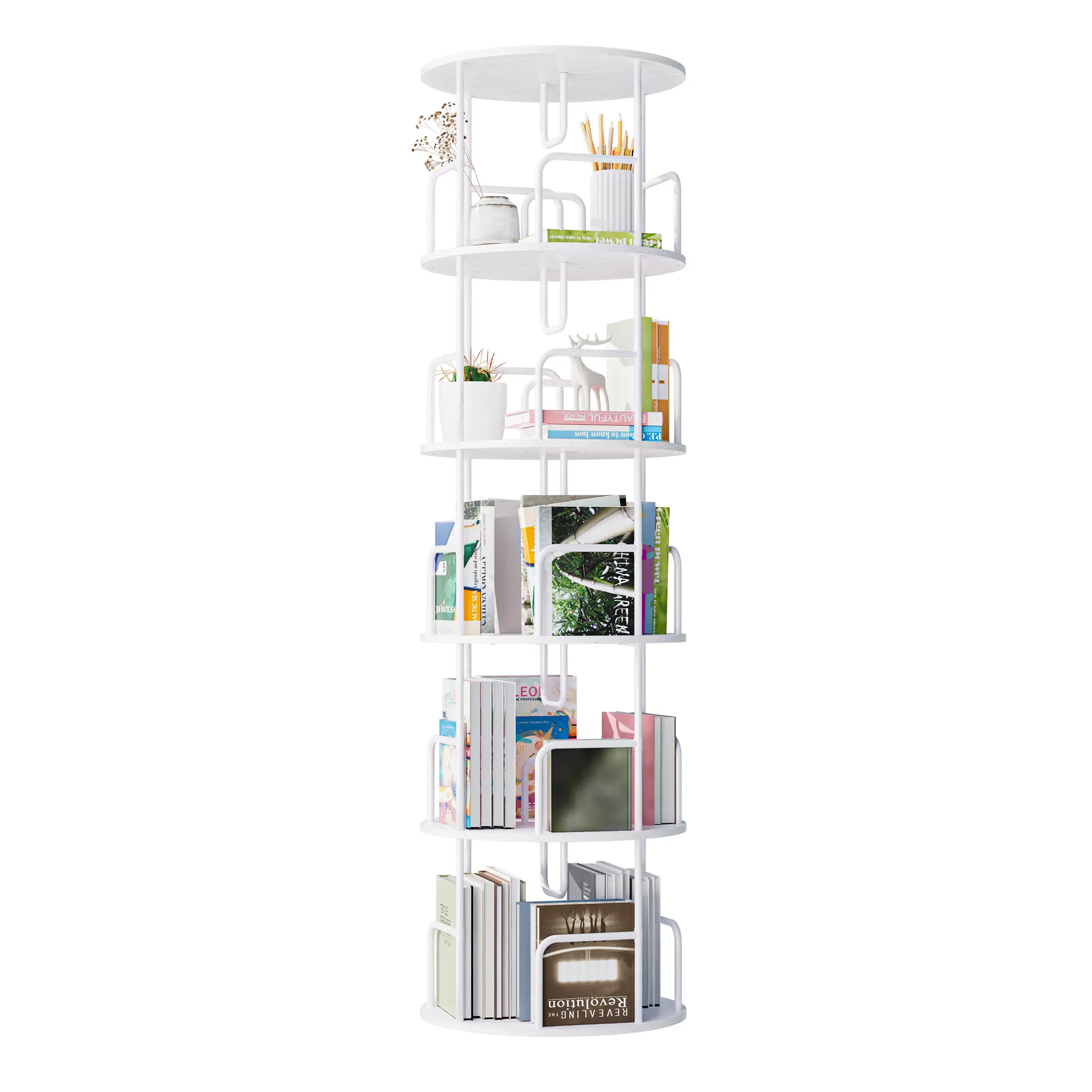 Nokaa 5-Tier Rotating Bookshelf Tower 360° Spinning Bookcase Narrow Tall Book Shelf Revolving Storage Organizer for Living Room Bedroom Office Home, MDF+Iron, Multiple Color Options