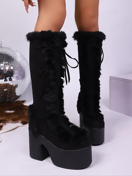 Women's New Style Solid Color Elastic Velvet Thick Sole Chunky Heel High Heels over Knee Long Boots Winter Warm Boots, Fashionable Ladies Footwear