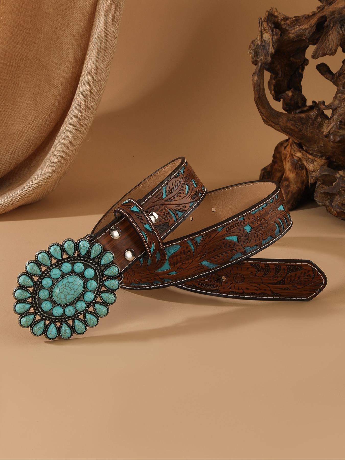 Women's Bohemian Style Waist Belt with Turquoise Alloy Buckle, Vintage Fashion Accessory for Ladies, Elegant Design for Daily Wear