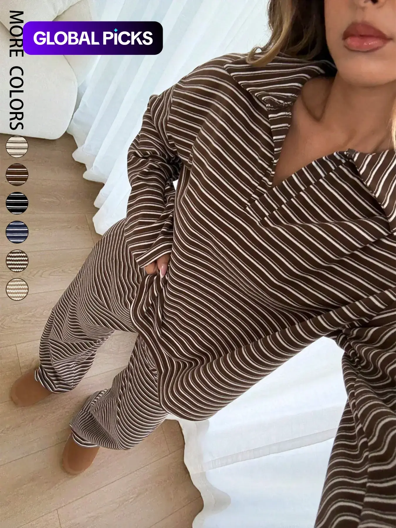 Women's 2pcs Set Loose Striped V-Neck Drop Shoulder Long Sleeve T-Shirt &Elastic Waist Striped Pants, Brown, Casual Sets For Women, Pajamas Set, Sleepwear Loungewear, Casual Sets For Women Brown Two Piece Set Women