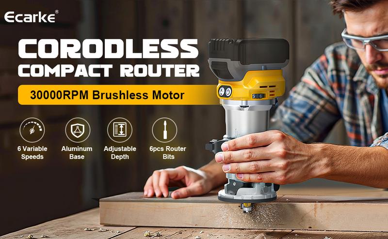 800W Cordless Compact Router Compatible with DeWalt 20V Battery, Battery NOT Included, 6 Variable Speeds Router Tool for Woodworking, 30,000 RPM Fixed Base Wood Router with Trim Router Bits, Edge & Roller Guide, Dust Hood