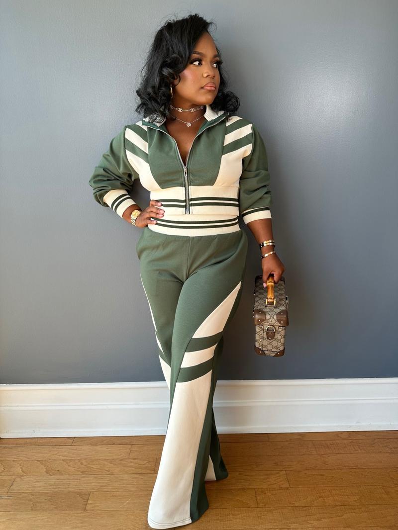 Women's Colorblock Print Zip Up Crop Jacket & Pants Two-piece Set, Casual Matching Set, Casual Fashion Cozy Breathable Two Piece Outfits for Daily Outdoor Wear, Women Clothes for Fall & Winter