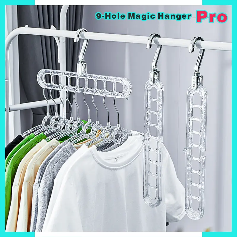 5-Pack Heavy-Duty Foldable Plastic Pants Hangers - 9 Holes, Adjustable Hooks, Anti-Slip Curved Shape Hanger, Compact House Accessories for Closet Hanging, Garage Home Storage Supplies