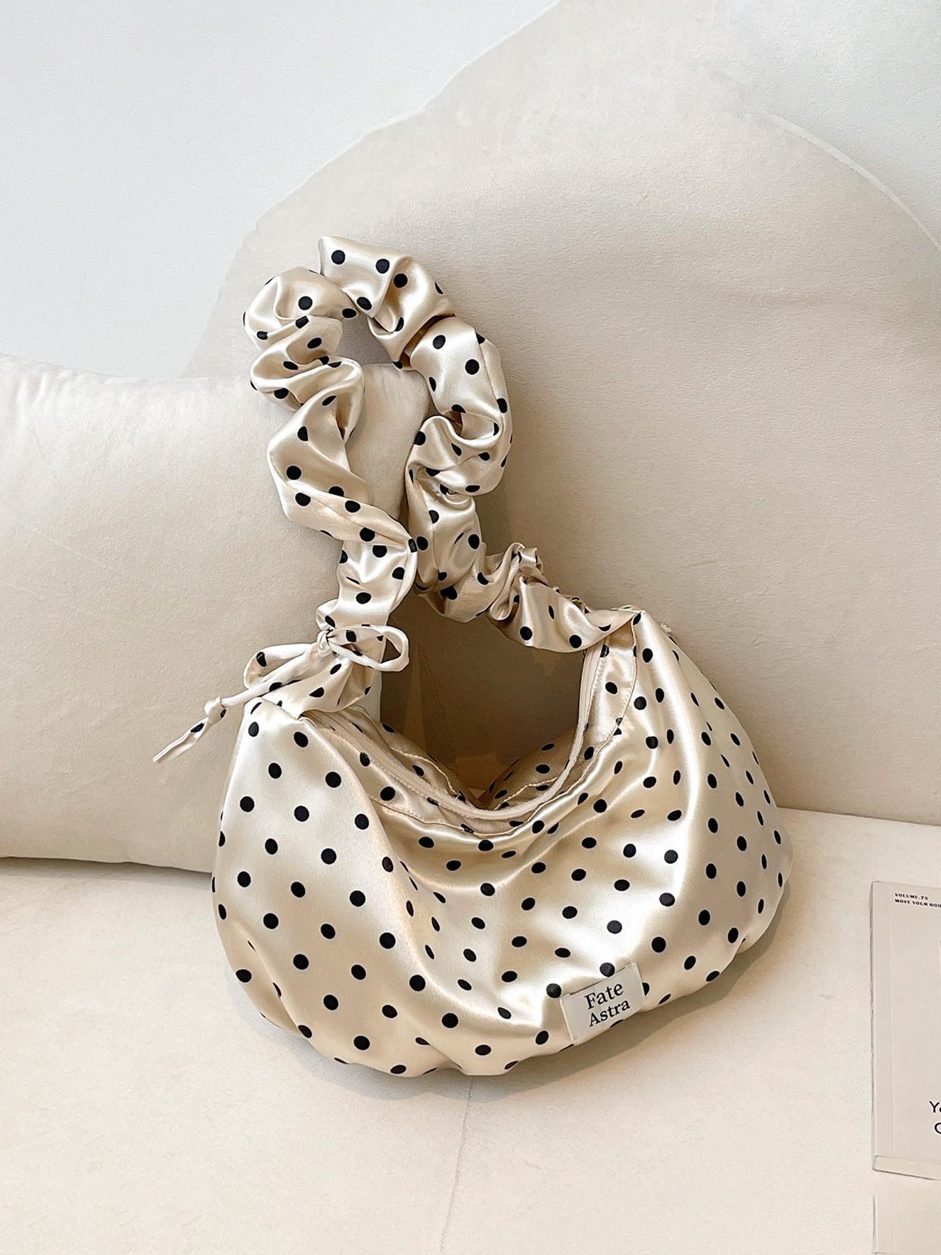 1pc Ladies' cute polka dot shoulder bag, pleated elastic shoulder strap design, aesthetic retro cloud bag with "Fate Astra" label, sweet casual daily perfect for spring and summer wear