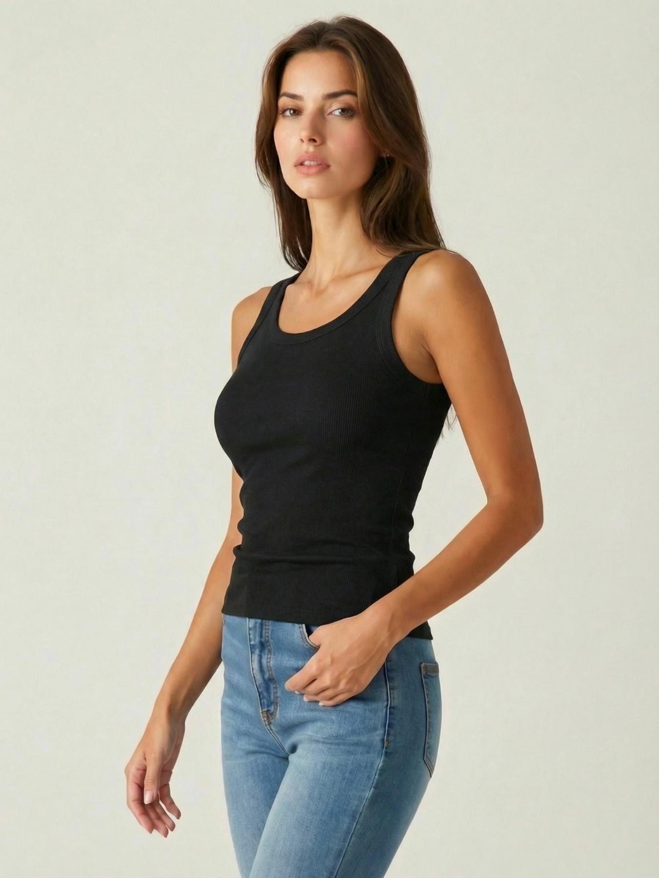 Slim Fit Ribbed Tank Top for Women - Stretchy Wide Strap Scoop Neck Camisole, Non-See-Through Casual Essential for All Occasions