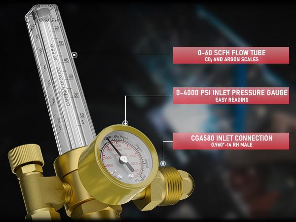 YESWELDER CO2 Argon Gas Regulator, Flow Meter Gas Pressure Gauge for MIG TIG Welding, CGA580 Inlet Connection