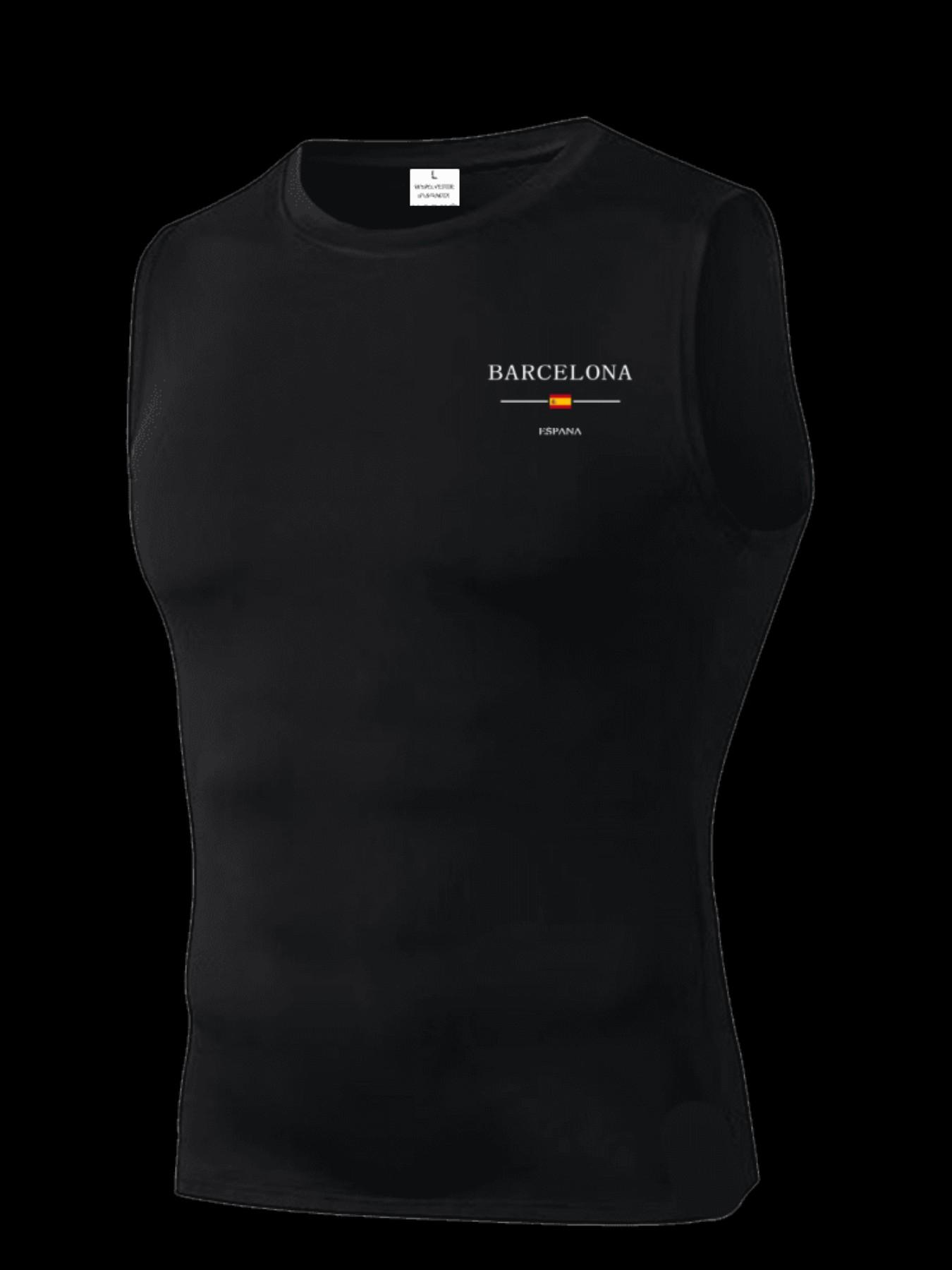 Men's Short Sleeve Sporty Top, Quick-Dry Breathable Slim Fit, Barcelona Print, Ideal for Gym, Running, Boxing, Outdoor Activities