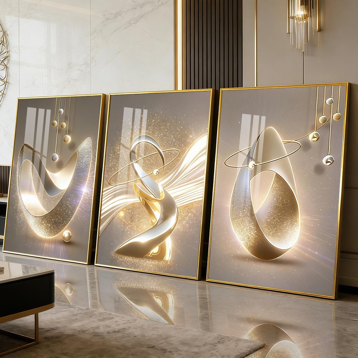 3 Counts Aluminum Alloy Framed Painting, Golden Abstract Sculpture Art Pictures, Home Decoration For Living Room, Bedroom, Office, Restaurant, Hallway Wall Decor, Odorless Print Artwork, Luxury Perfect Gift For Friends And Family