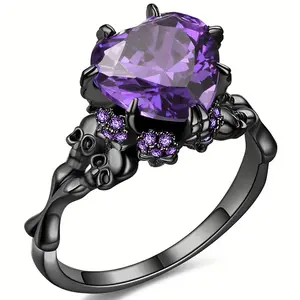 Vintage Gothic Hip-hop Style Amethyst Heart Skull Design  Cubic Zirconia Ring - Perfect Gift for Halloween, Mother's Day & Father's Day