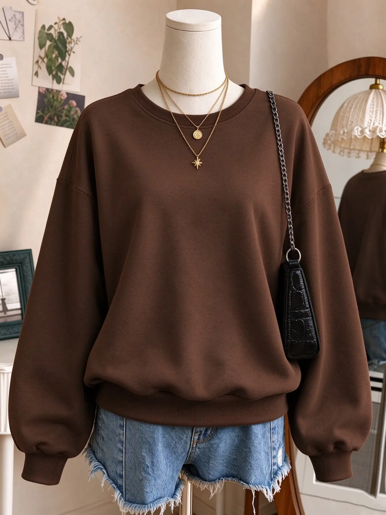 Women's Fall Winter Solid Color Round Neck Sweatshirt, Casual Loose-Fit Unisex Design, Streetwear Style for Daily Wear & Commuting