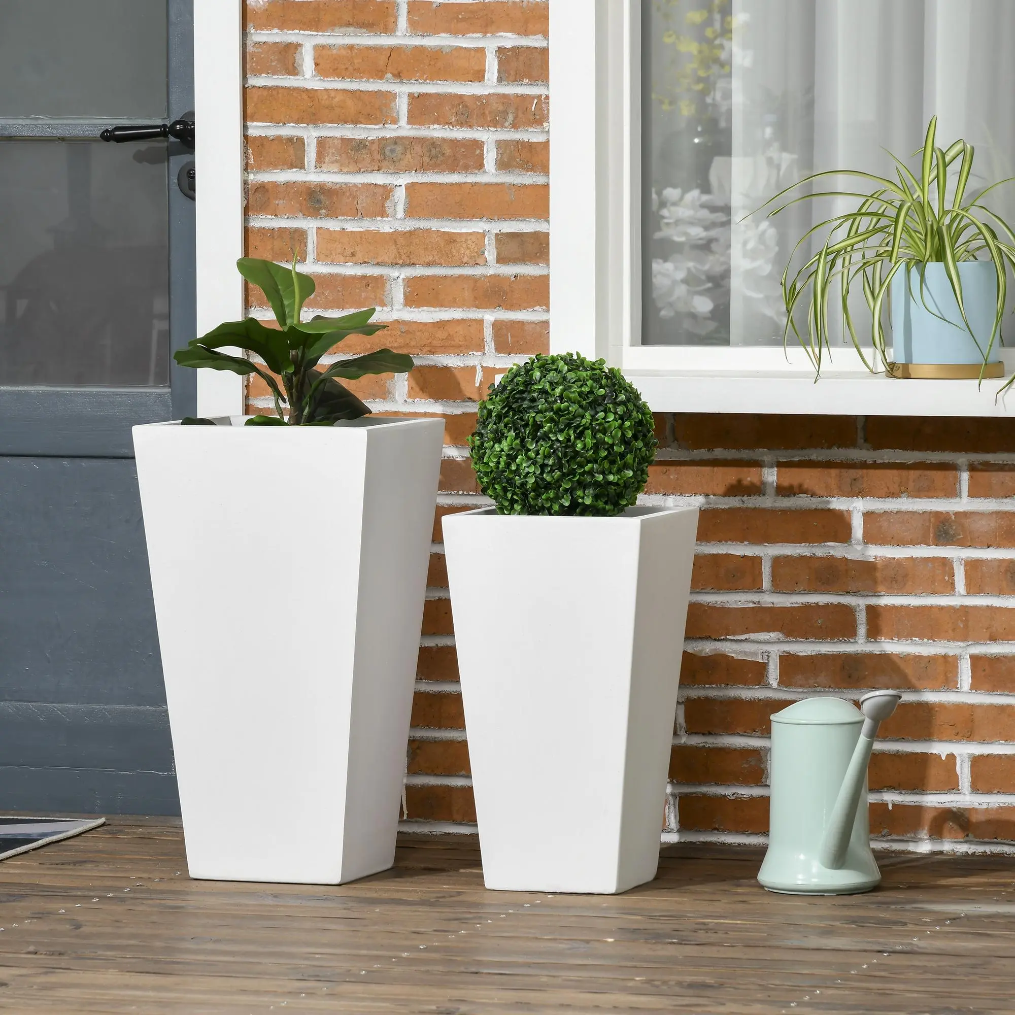 Outsunny 2 Pack Outdoor Planter Pots, Large Flower Pots with Drainage Holes, Durable Stackable Plant Containers, 22" & 18" Garden Planters for Flowers, Plants, Herbs and Succulents, Modern Decorative Pots for Patio, Porch, Balcony and Backyard, White