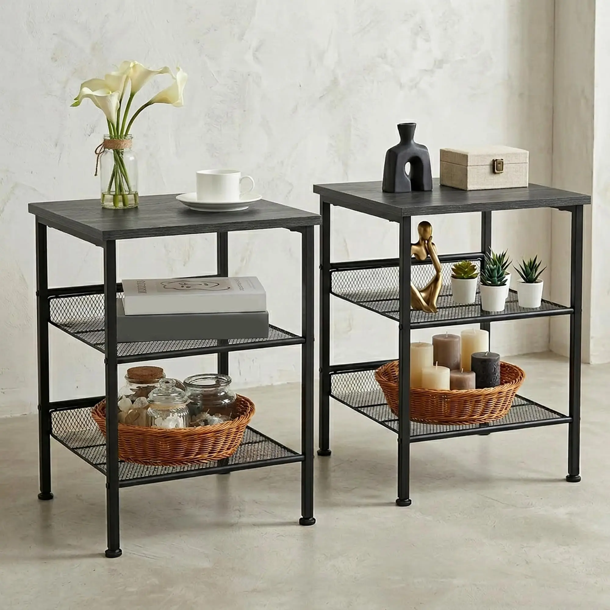 Industrial 2-Piece 3-Tier Square End Table Set - Sturdy Metal Frame, Mesh Shelves, Wooden Countertop, Small Scale Living Room Furniture, Rustic Side/Bedside Tables (Dark Gray, Vintage, Light Gray)
