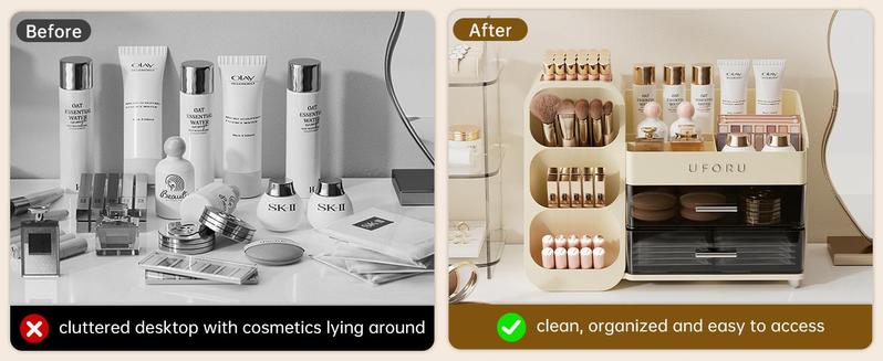 UFORU Large Capacity Makeup Storage Box, Multi-functional Makeup Brush Lipstick Eyebrow PencilPocket Mirror Storage Box, Desktop MakeupOrganizer for Home & Travel, Makeup Box,Cosmetics Organizer Storage,Gift,Pink Vanity Accessory