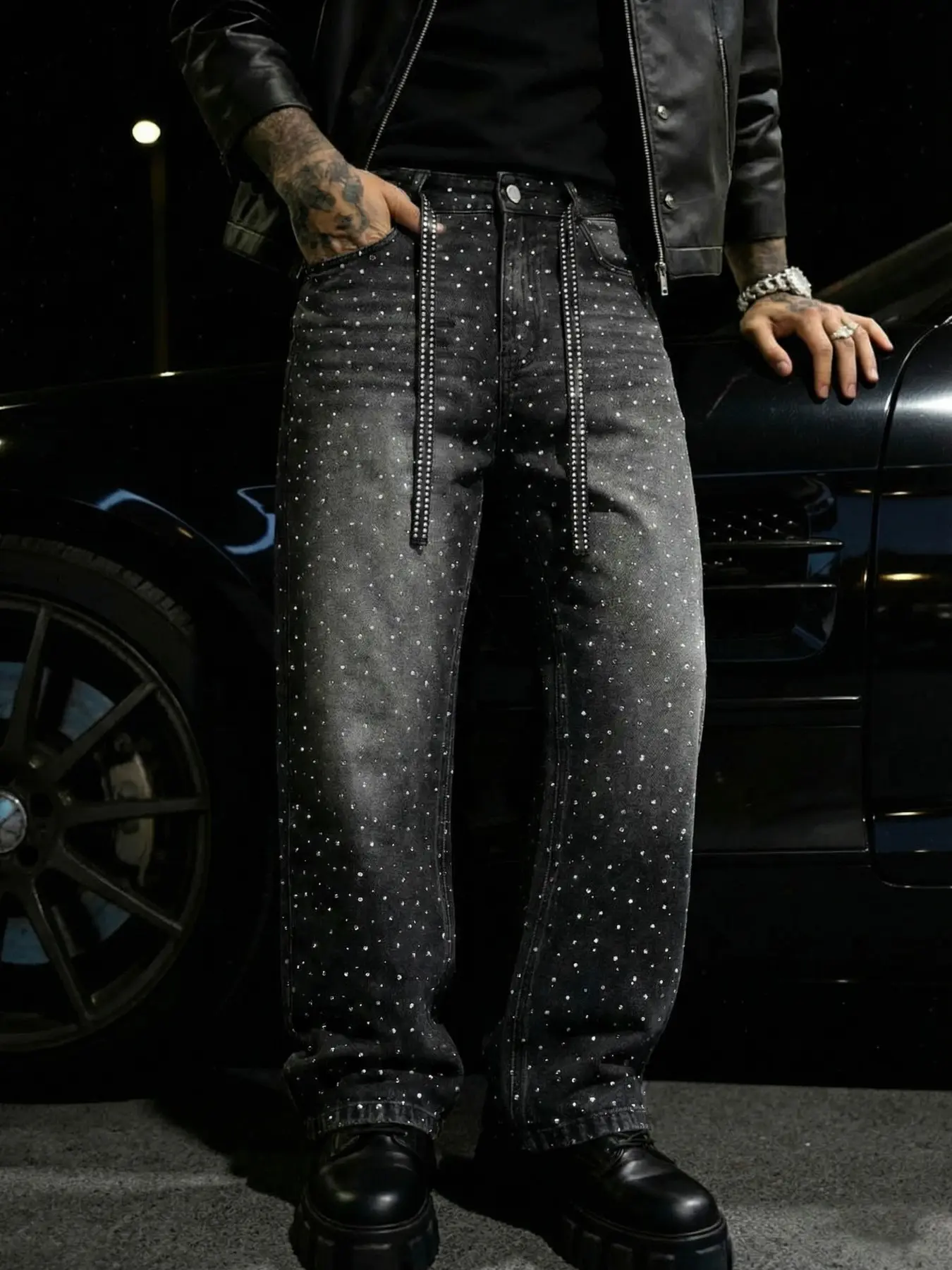 Men's Gradient Black Sparkle Diamond Wide-Leg Pants, Sparkle Diamond Belt Cuffed Wide-Leg Pants, Stone Washed Loose Vintage Fit High Street Style, Men's Y2K Retro Black Wide-Leg Denim Jeans, Essential Social Media Boyfriend Style Streetwear