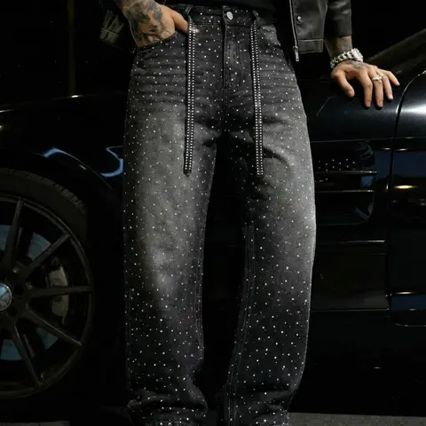 Men's Rhinestone Straight-Leg Jeans, Rhinestone Waistband Design, Menswear Washed Distressed High-Street Style, Y2K Vintage Denim Pants, For a Looser Fit, Please Choose One Size Up